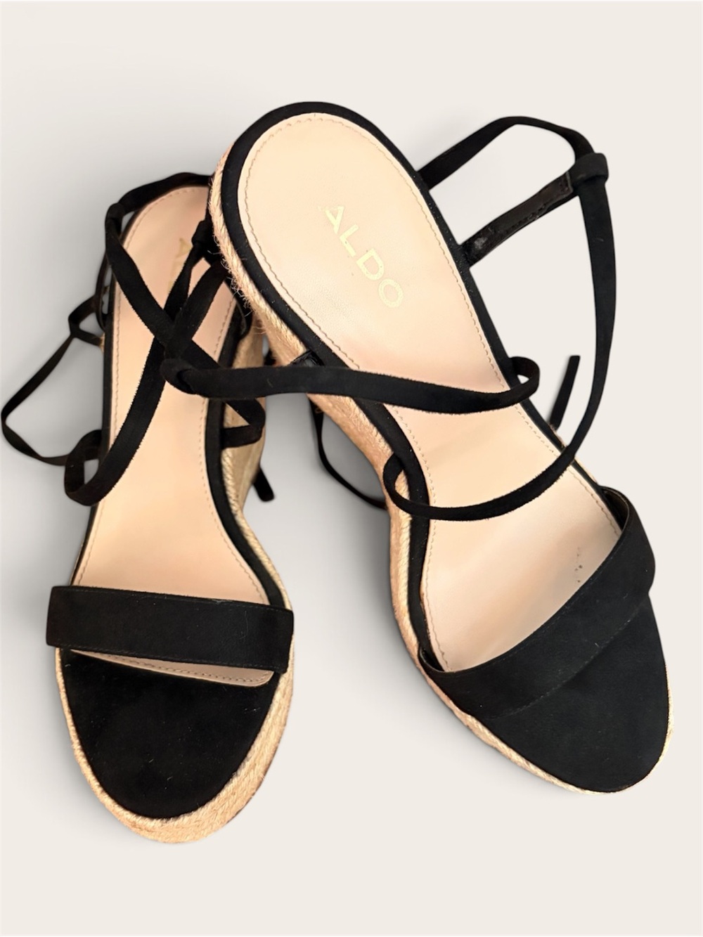 ALDO Black Suede Espadrille Wedge Sandals with Ankle Wrap